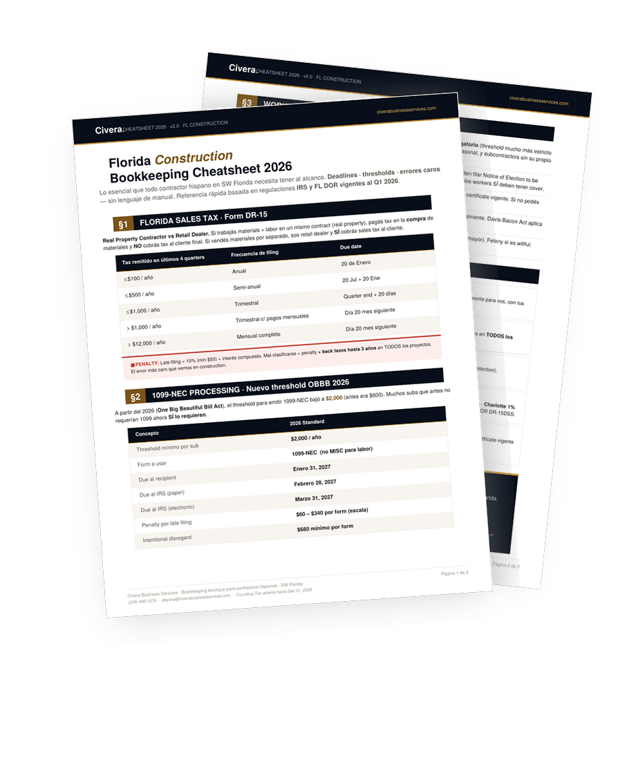 Florida Construction Bookkeeping Cheatsheet 2026 — preview de las 2 páginas